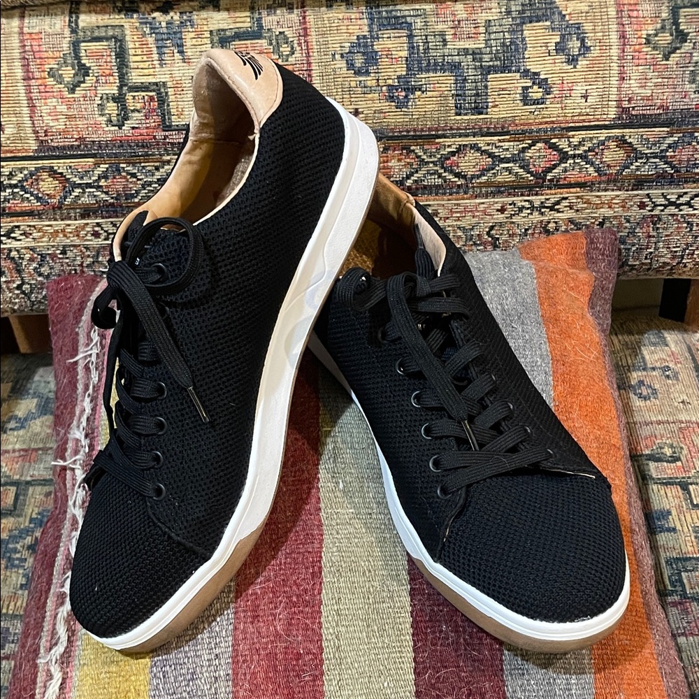 Straight Down Black Nylon and Tan Leather Golf Sneakers.
